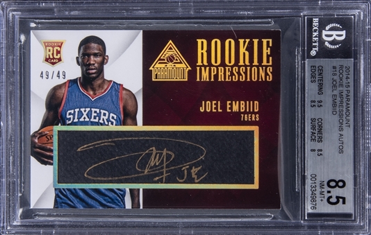 2014-15 Panini Paramount "Rookie Impressions Autographs" Gold Ink #18 Joel Embiid Signed Rookie Card (#49/49) - BGS NM-MT+ 8.5/BGS 9